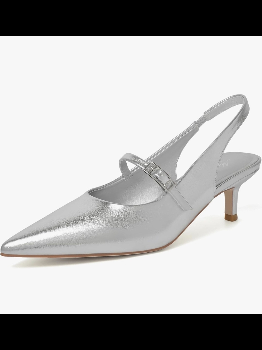 Sleek Silver Pointed Slingback Kitten Heel